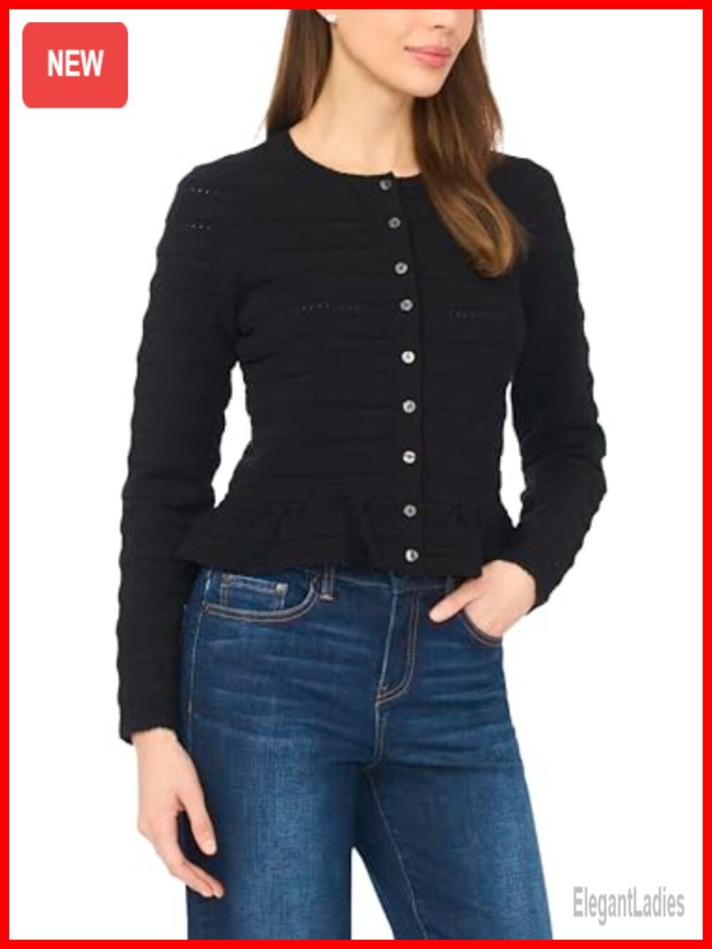 Pointelle Knit Long Sleeve Cardigan Crew Neck Ruffle Hem Lightweight